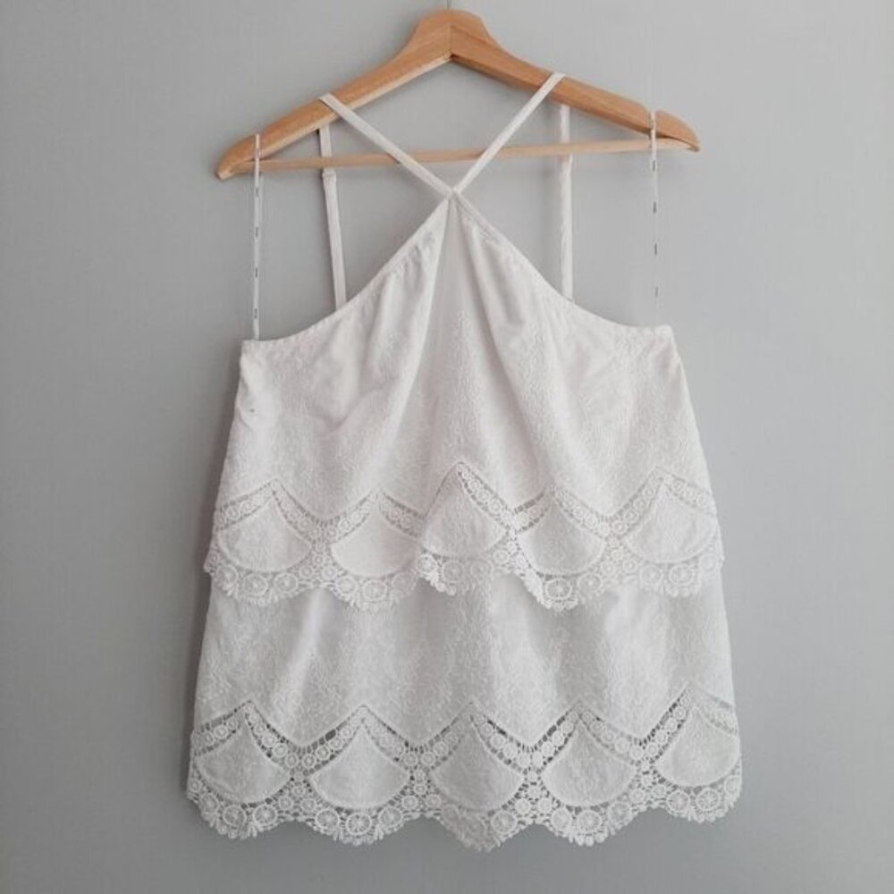 KENSIE Medallion Lace Floral Halter Tank Top Scalloped Hem White Sz M Flawed